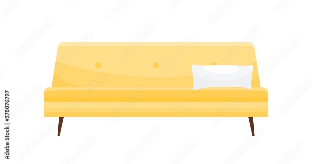 Poster modern yellow comfy sofa with pillow and design elements vector flat illustration. soft elegant couc