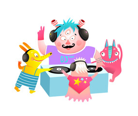 Kids monsters DJ party festival, playing vinyl lessons for children. Cute characters at the discotheque, festive and funny creatures playing music. Vector cartoon illustration for kids.