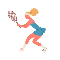 Obraz na płótnie Canvas Active woman demonstrate receive position holding racket vector flat illustration. Sportswoman playing big tennis ready to smashing isolated. Female taking part at championship or training