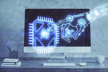 Double exposure of computer and technology theme hud. Concept of innovation.