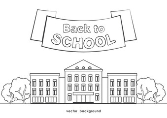 Flat line school building with trees, ribbon and lettering Back to school on white background.