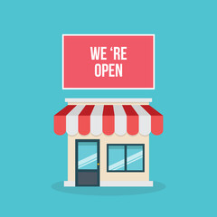 We 're open.Small Business Storefront. Retail. Vector illustration.	