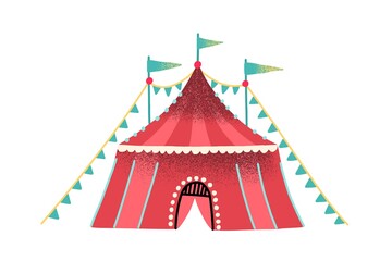 Fototapeta premium Colorful red circus tent decorated with festive flag garland and flags vector flat illustration. Striped marquee facade of entertainment area for artists and trained animals performance isolated