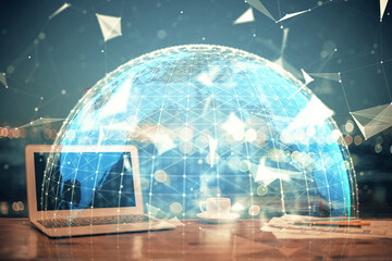 Multi exposure of business theme icons and table with computer background. Concept of success.