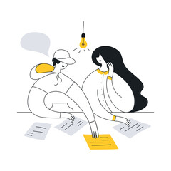 Team meeting and teamwork concept, discussion of the project, prioritization of tasks, creating hypotheses and product cards. Cute cartoon man, woman, lightbulb and papers on the table. Line vector