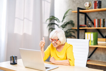 Mature woman is using a laptop computer for online video call at home office. A cheerful gray-haired lady is giving thumb up at webcam