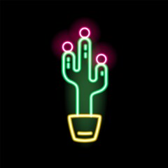 Bright glowing neon cactus in pot vector flat illustration in outline style. Colorful fashion sign peyote decorated with design elements isolated on black background. Electric lighting desert symbol
