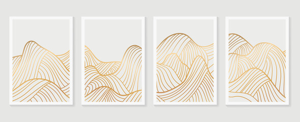 Gold Mountain wall art vector set. Earth tones landscapes backgrounds set with abstract mountains line art design for print, cover, wallpaper. Vector illustration