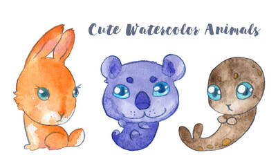 mammal rabbit koala seal hare cute character child baby big eyes wild forest nature watercolor isolated set