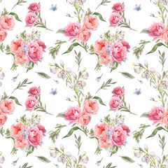 Watercolor blooming flowers seamless pattern. Floral design with peony and roses