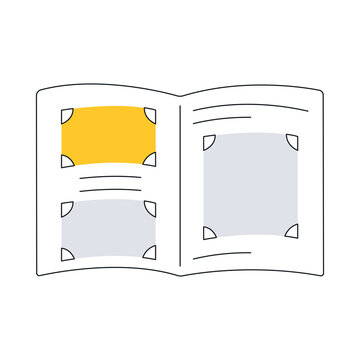 Open photo album with photos in frames and angles. Memories, family photography, history concept. Flat thin line vector illustration icon on white.