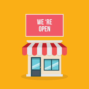 We 're open.Small Business Storefront. Retail. Illustration.