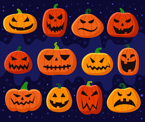 Cute, Spooky Halloween pumpkins with faces for Halloween festival in October. Happy Halloween. Trick or treat.