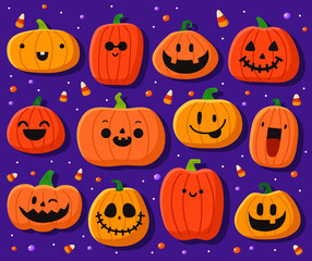 Cute, Spooky Halloween pumpkins with faces for Halloween festival in October. Happy Halloween. Trick or treat.