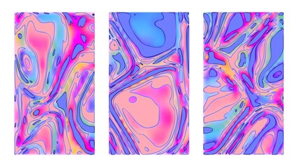 Purple pink psychedelic swirl background set. Bright vector artwork. Vertical good vibes colorful templates, vivid posters and cover designs