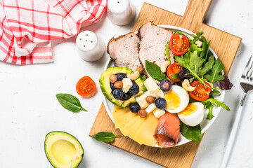 Keto diet plate on white table.