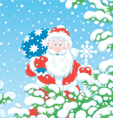 Santa Claus with his magic bag of Christmas gifts among snow-covered fir branches of a winter forest on the cold snowy day, vector cartoon illustration