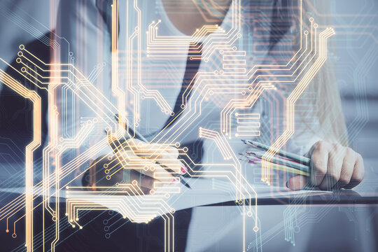 Technology theme hologram over woman's hands taking notes background. Concept of Tech. Double exposure