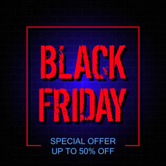 Sale poster Black Friday. Commercial banner with 50% discount. Applicable for posters, banners, brochures, covers, flyers, booklets.