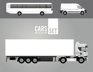 white truck and bus with mini van mockup cars vehicles icons