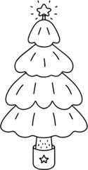 Linear hand-drawn Christmas tree drawing. Coloring page for children and adults. Template for New Year's decor in cartoon style. Simple doodle