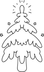 Linear hand-drawn Christmas tree drawing. Coloring page for children and adults. Template for New Year's decor in cartoon style. Simple doodle
