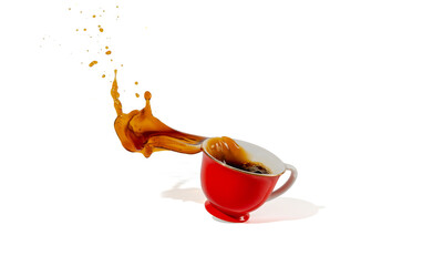 hot coffee red cup spilling and coffee water splash isolated on white background with shadow and clipping path
