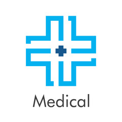 Concepto asistencia sanitaria. Logotipo con texto Medical con cruz lineal como circuito cerrado en color azul