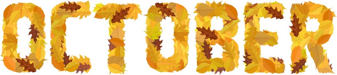 Word October With Colourful Letters Autumnal Leaves