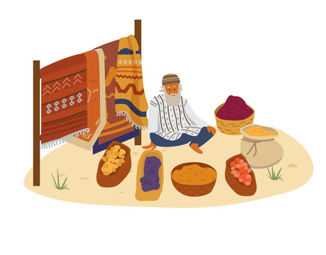 Elderly Bearded Arabic Seller Of Carpets, Spices, Dried Fruits And Nuts Sitting On Sand. Middle Eastern Character. Flat Vector Illustration.