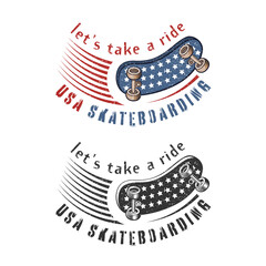 Lets take a ride. Skateboarding emblem. Color and monochrome vector illustration. Print graphic and web design.