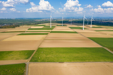 Aerial view of agricultural land and wind turbines in Rheinhessen / Germany near Ober-Flörsheim