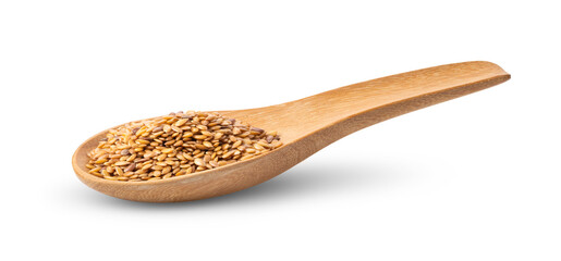 flax seeds in wood spoon isolated on white