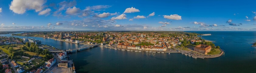 Aerial view  of city, harbor and castle in Sonderborg, Jutland, Denmark, Europe.