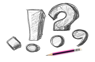 Graphite pencil with punctuation symbols hatching, sketching isolated on white background, top view