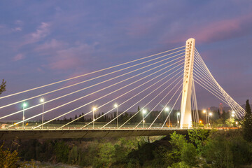Night view on the famous cable-stayed Milenium Bridge in Podgorica. Montenegro
