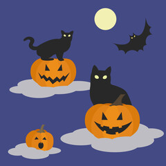Cats and pumpkins on clouds, bat and moon. Vector halloween illustration.
