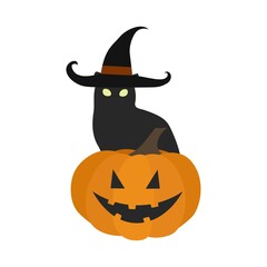 Black cat with pumpkin and witch hat. Halloween vector illustration.
