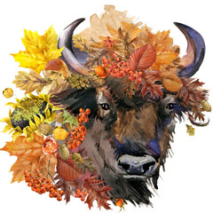 watercolor bison illustration. Forest animal. Autumn nature colorful leaves background. © Елена Фаенкова