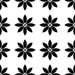 Obraz premium Vector seamless pattern. Texture with black geometric flower. Repeating abstract background with black flower on white back.