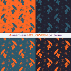 Collection of seamless horror patterns for Helloween. Raven or crow on graves or tombs in cemetery and spiders around. Differect color palettes.
