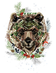 watercolor bear. Christmas winter holidays background. illustration Christmas tree, mistletoe branch, berry, snowflake. Happy New Year Design. Winters greeting card design © Елена Фаенкова