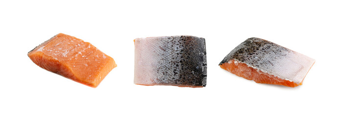 Big Piece Frozen Salmon Fillet Isolated on White Background