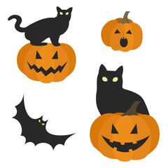 Halloween elements set with pumpkins, cats and bat. Cartoon holidays collection. Vector illustration.