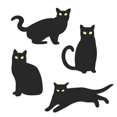 Silhouette of four cats. Set of black witch kitten. Vector illustratoin.