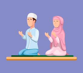 muslim couple sitting and praying. islam religion people in cartoon illustration vector