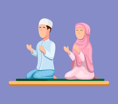 Muslim Couple Sitting And Praying. Islam Religion People In Cartoon Illustration Vector