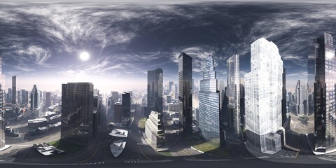 Fototapeta premium Panorama of the city. Environment map. HDRI map. equidistant projection. Spherical panorama. 3D rendering