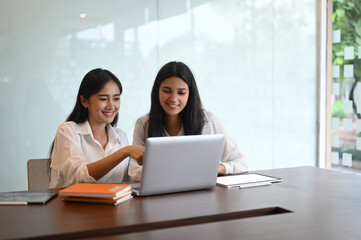 Two young businesswoman working on laptop at modern office.