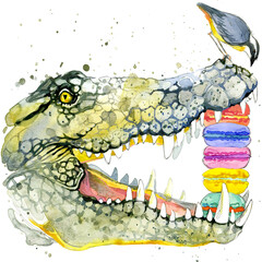 crocodile and bird. watercolor illustration. african nature. tropical animal. wildlife.